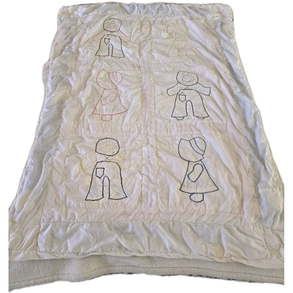 Vintage Handmade Sunbonnet‎ Sue and Overall Bill Baby Quilt Stains Cutter 33x46